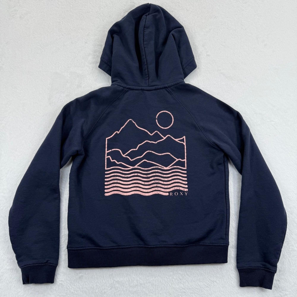 Roxy Kids Easy Evening Full Zip Hoodie Sweatshirt Navy Blue Graphic Sz 12 L